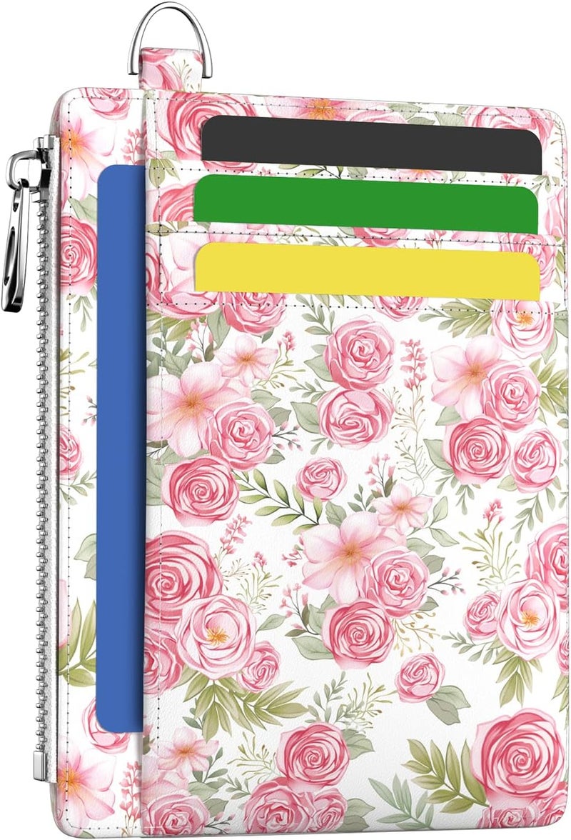 Hancynir Slim Wallet Women Credit Card Holder Rose Flower Floral RFID Blocking Small Cute Card Wallets Mini Front Pocket PU Leather Card Case Thin Travel Zipper Coin Cash Ladies Female Wallet Gifts - Image 1